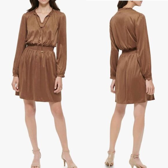 NWT Tommy Hilfiger Brown Faux Suede Fit & Flare Keyhole Tie Dress, Size 10 - Picture 1 of 14